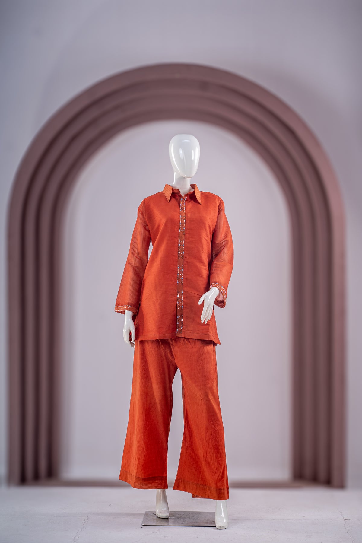 Rust Orange Embroidered Kurta Pajama Set