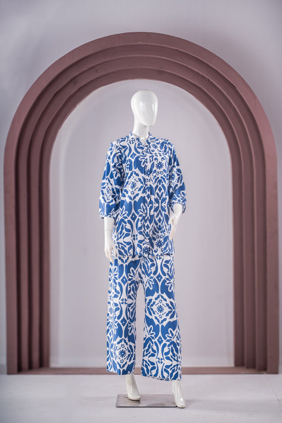 Blue & White Printed Kurta Pant Set