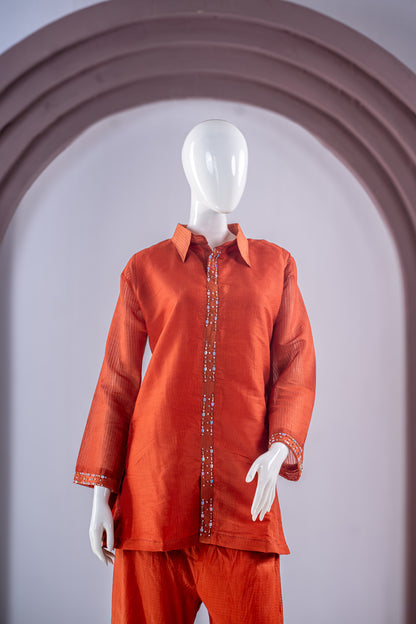 Rust Orange Embroidered Kurta Pajama Set